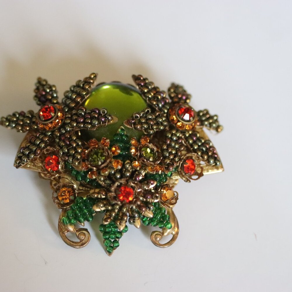 Vintage Signed Stanley Hagler Autumnal Flower Brooch Pin Oranges Greens Gold Ton